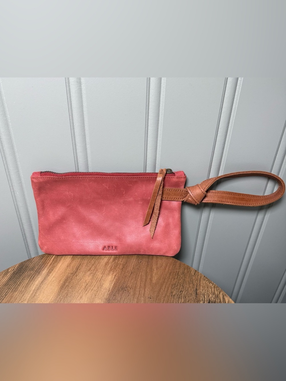 ABLE Coral-Pink Leather Wristlet Clutch with Tan Strap